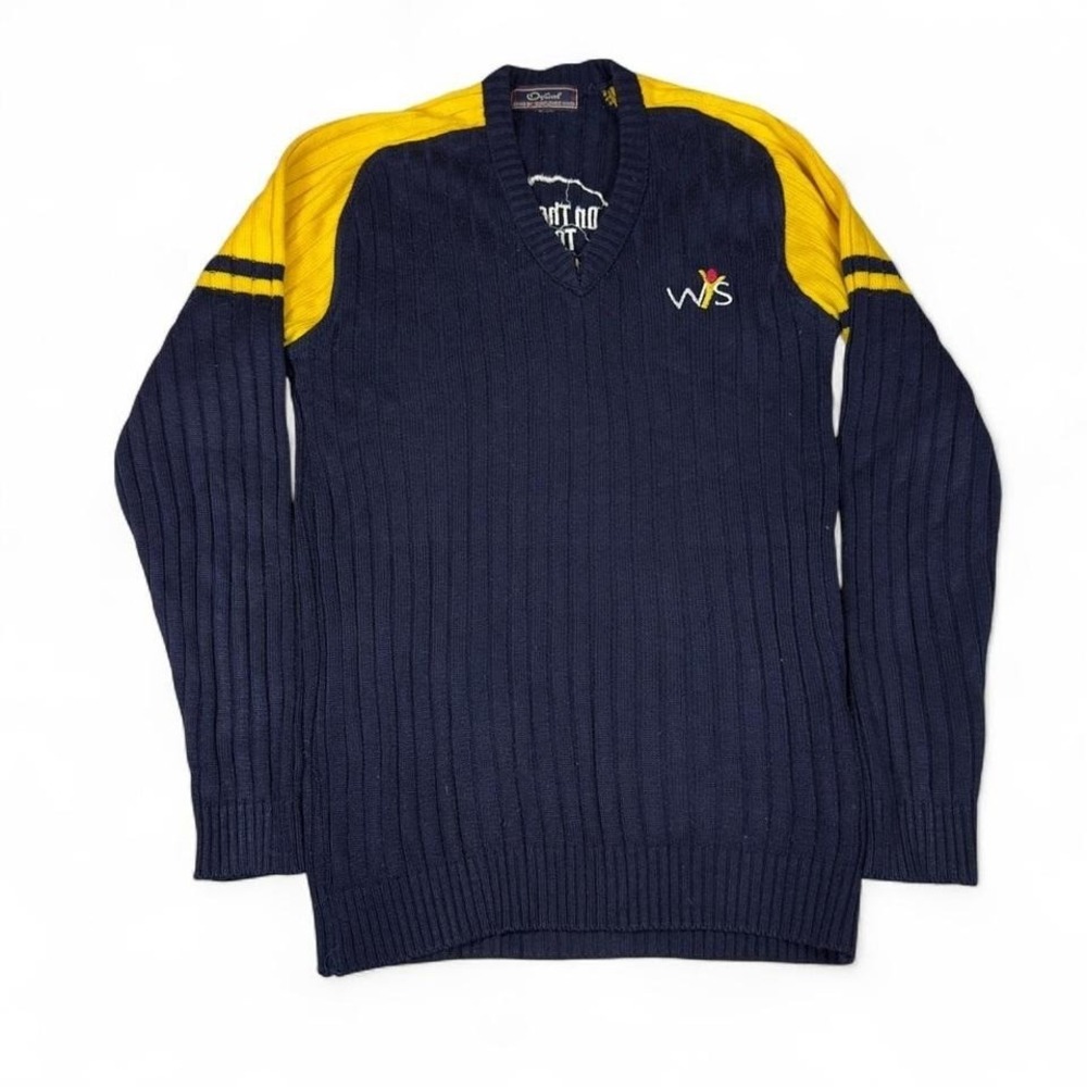 Vintage OsGo by Sunflower Ribbed V-Neck Sweater Navy Yellow Graphic